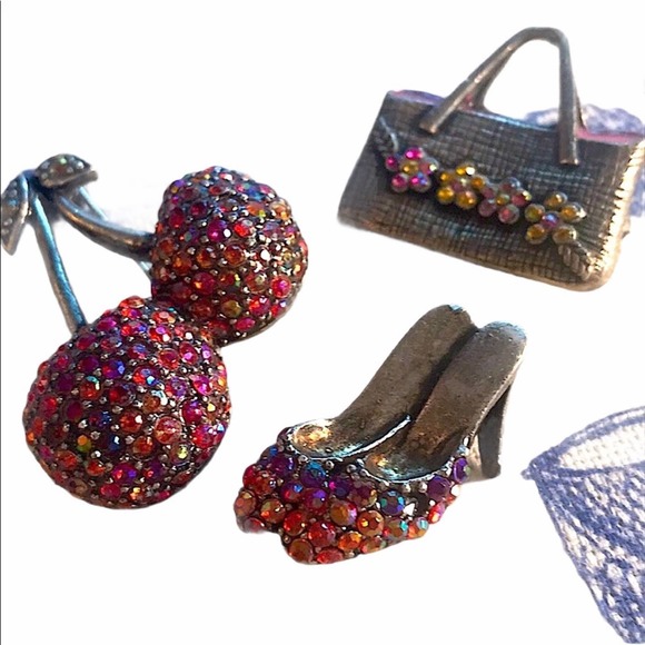 LOT of 3 VINTAGE Brooches in Pink & Blue Cherries/Handbag/and Heels/Rhinestones - Picture 10 of 12